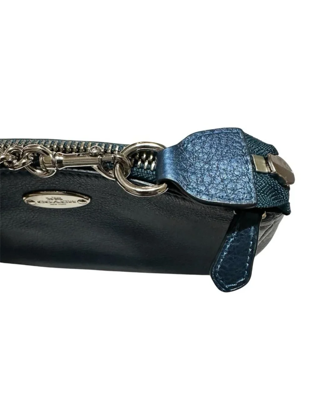 Coach Nolita mini handbag pebbled leather metallic blue chain strap wristlet
